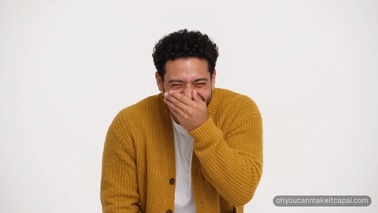 Oh you can make it cap meme: Person A covers his mouth and laughs in a white studio