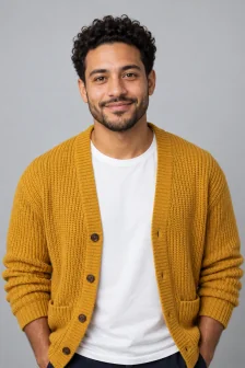 Photo 1, an AI-generated man with curly hair in a mustard cardigan