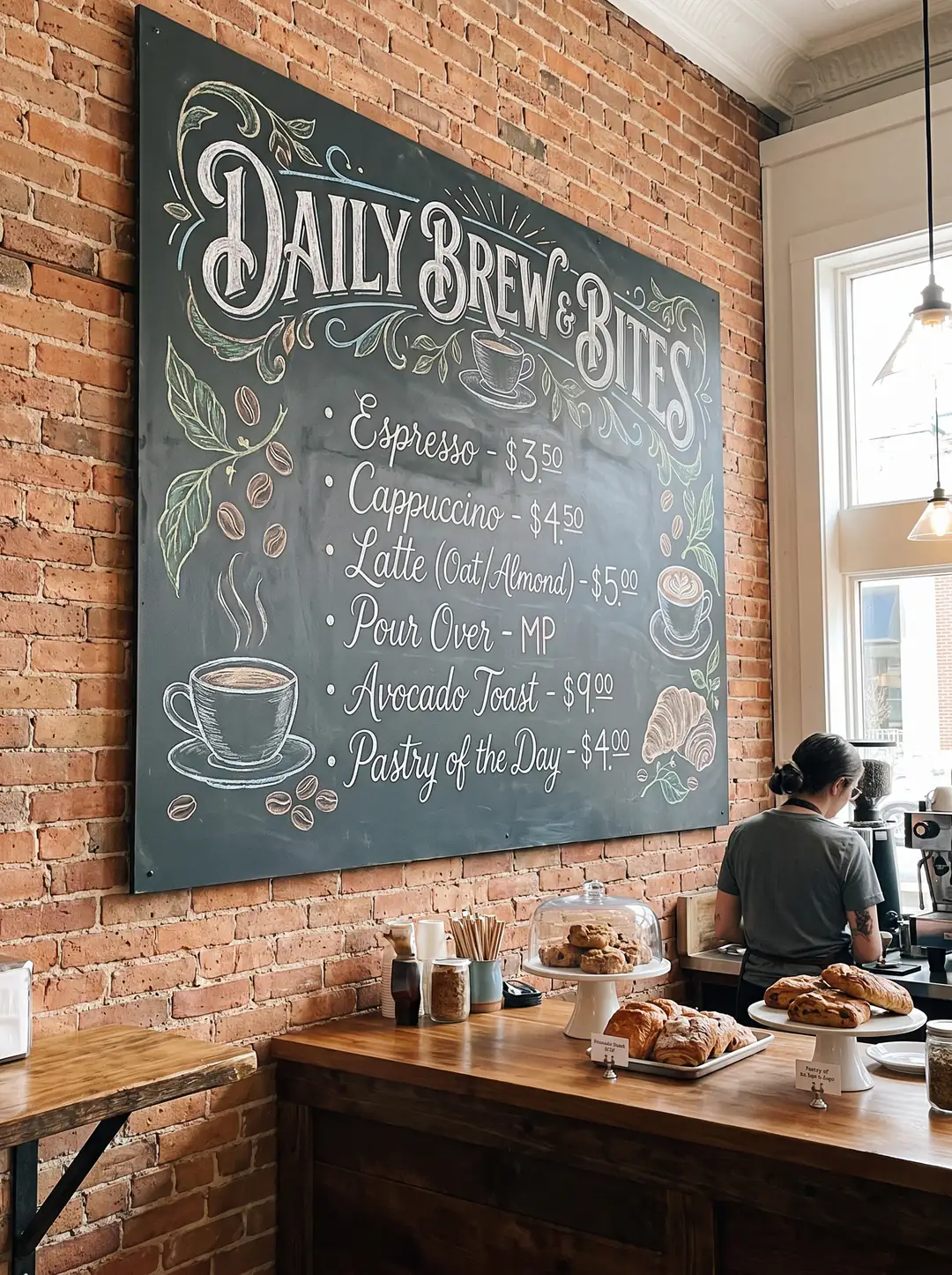 Chalkboard coffee shop menu with six handwritten items and prices generated by the AI image generator