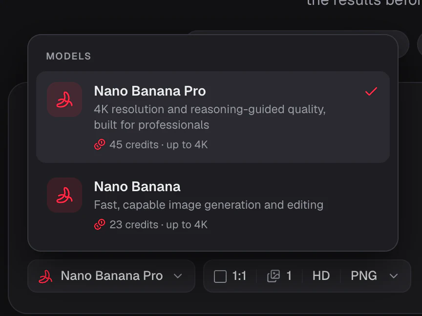 জেনারেটরের মডেল মেনু খোলা, Nano Banana Pro ও Nano Banana তাদের শুরুর ক্রেডিটসহ তালিকাভুক্ত