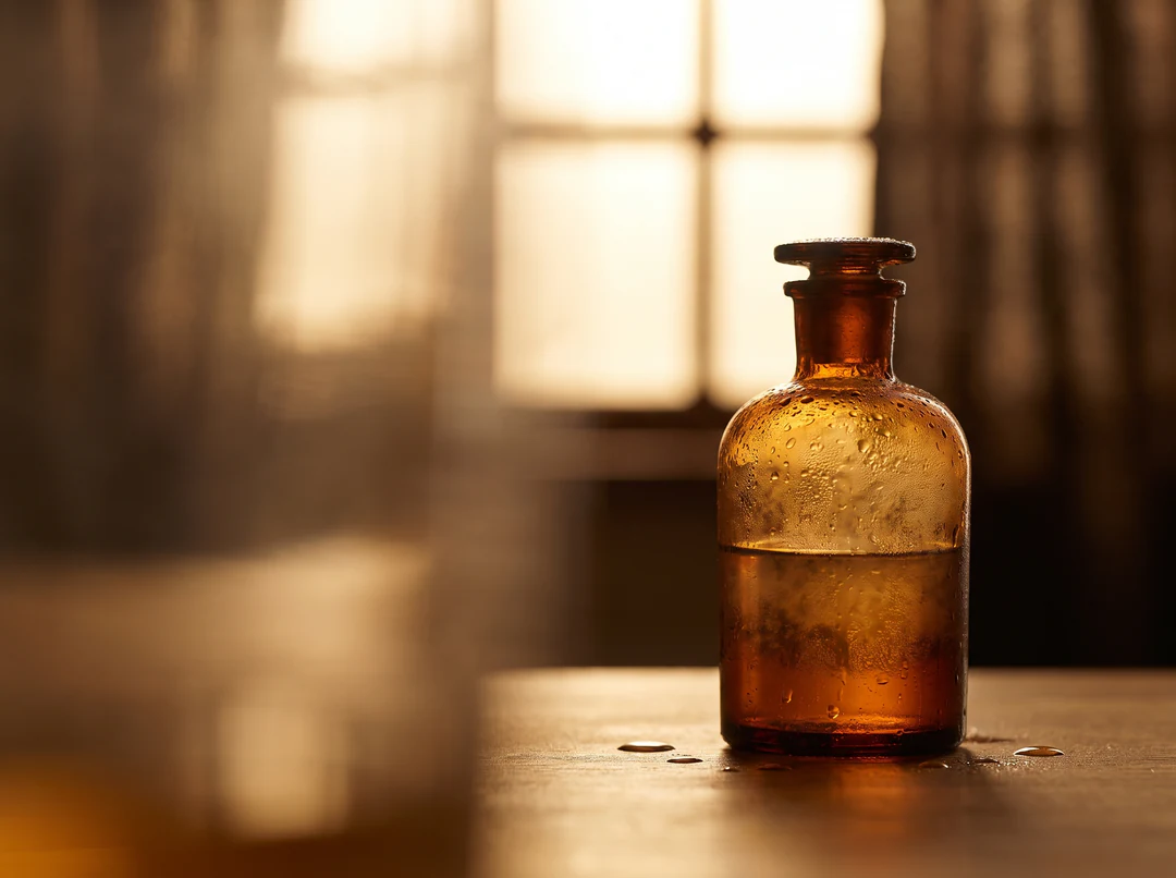 Amber glass perfume bottle with water droplets made with the AI image generator