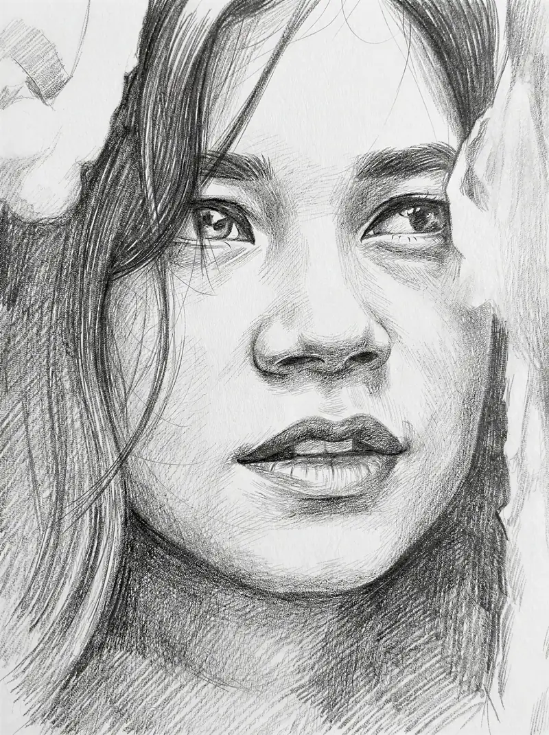 Graphite pencil portrait enlarged 4x with the AI image upscaler, hair strokes and paper grain sharp