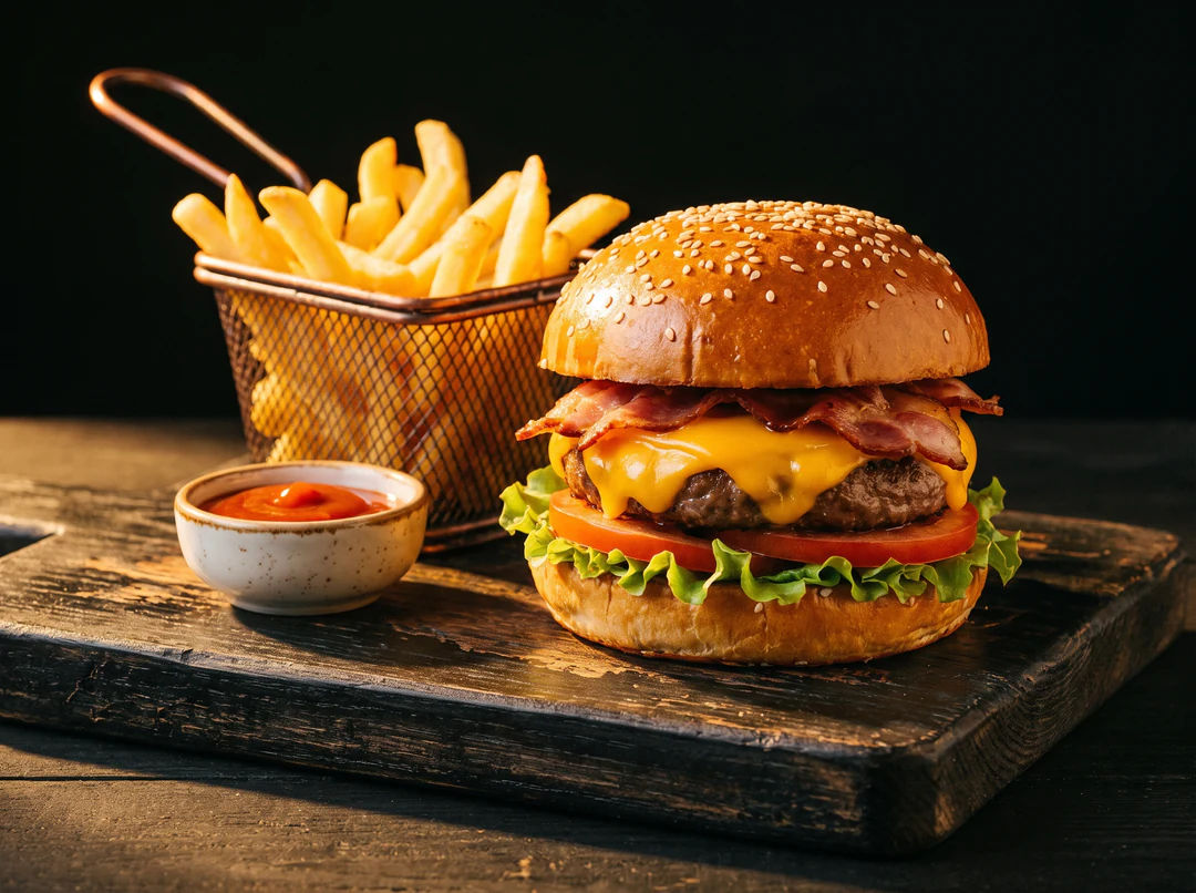 Cheeseburger with fries in a wire basket and a bowl of ketchup on a dark wooden board against a black background