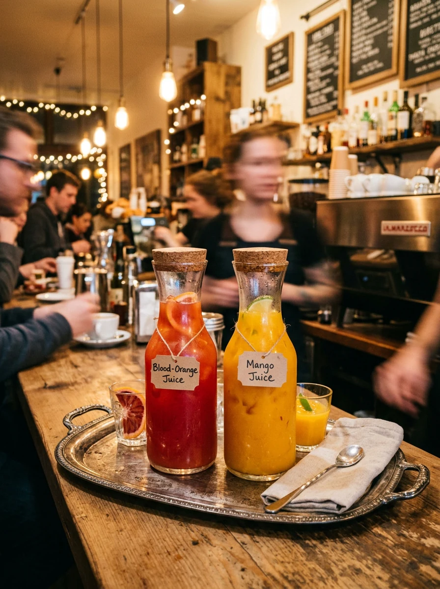 Glass carafes of fruit juice rendered with Nano Banana