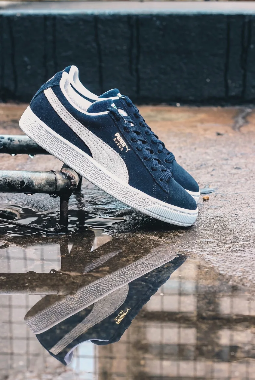 Red suede sneakers recoloured navy blue with the AI photo editor, white stripe and sole unchanged