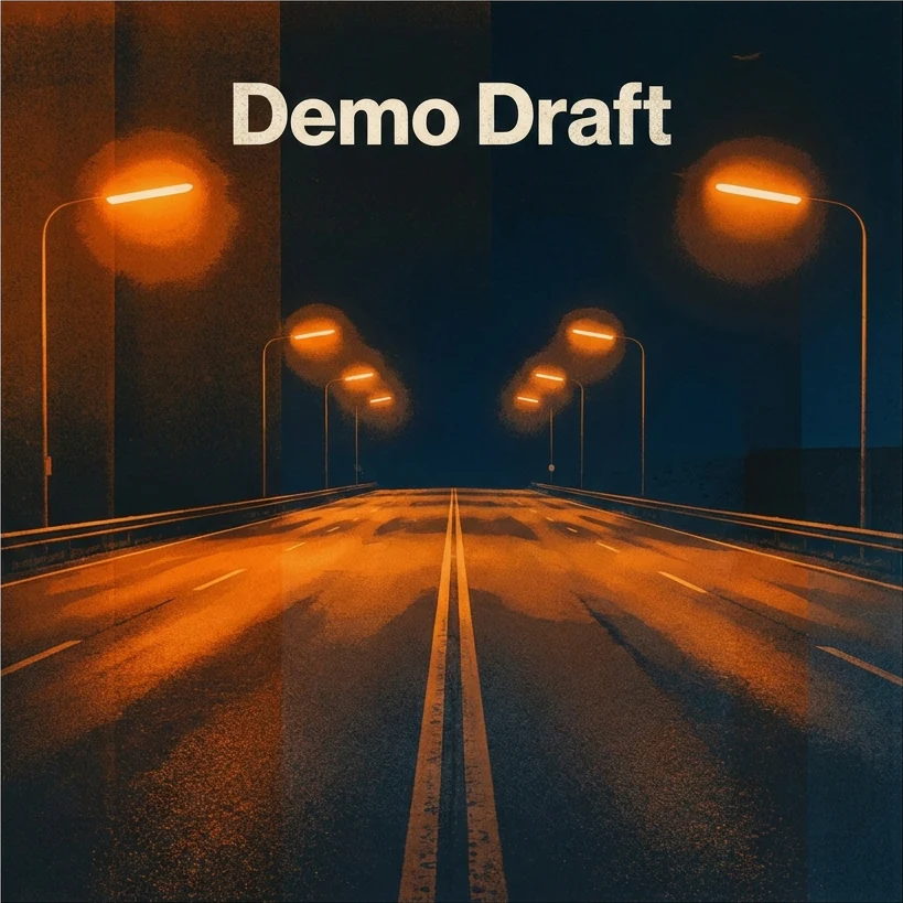 রাতের হাইওয়ে দৃশ্যের উপর অস্থায়ী শিরোনাম Demo Draft সহ বর্গাকার ডেমো অ্যালবাম কভার