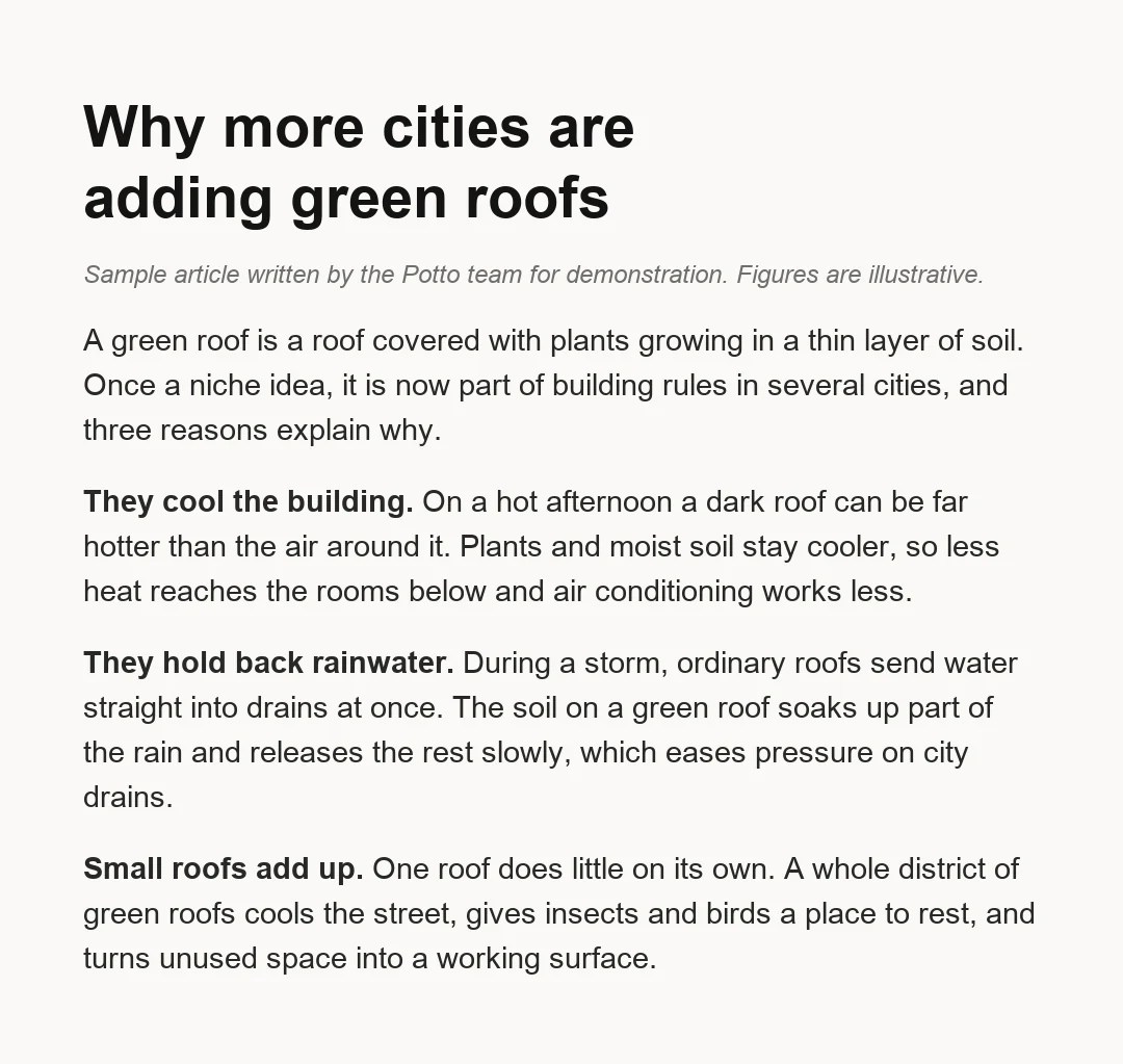 Sample article titled Why more cities are adding green roofs, with three reasons in bold