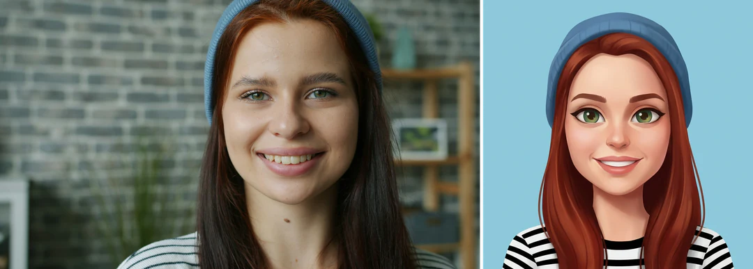 Foto af en ung kvinde i en blå hue ved siden af den stylede avatar, der er lavet ud fra det