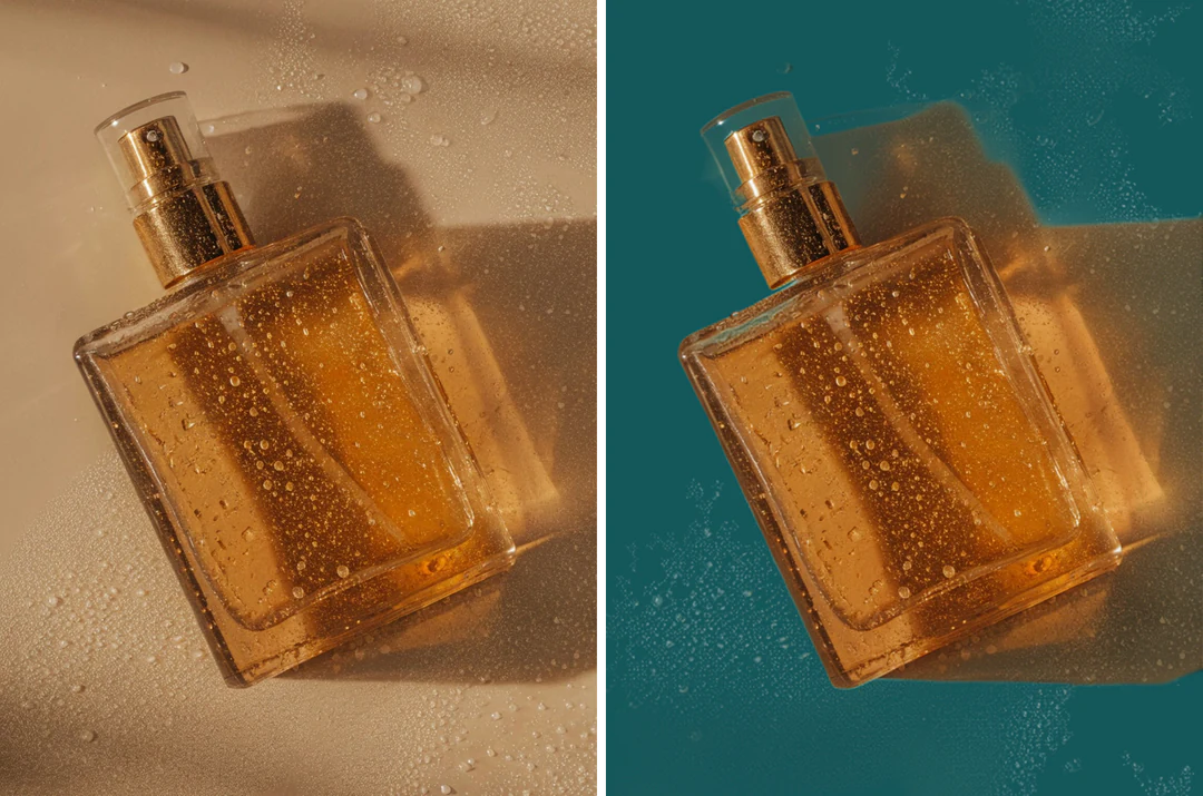 Product cutout on its original background beside the same cutout on a campaign color