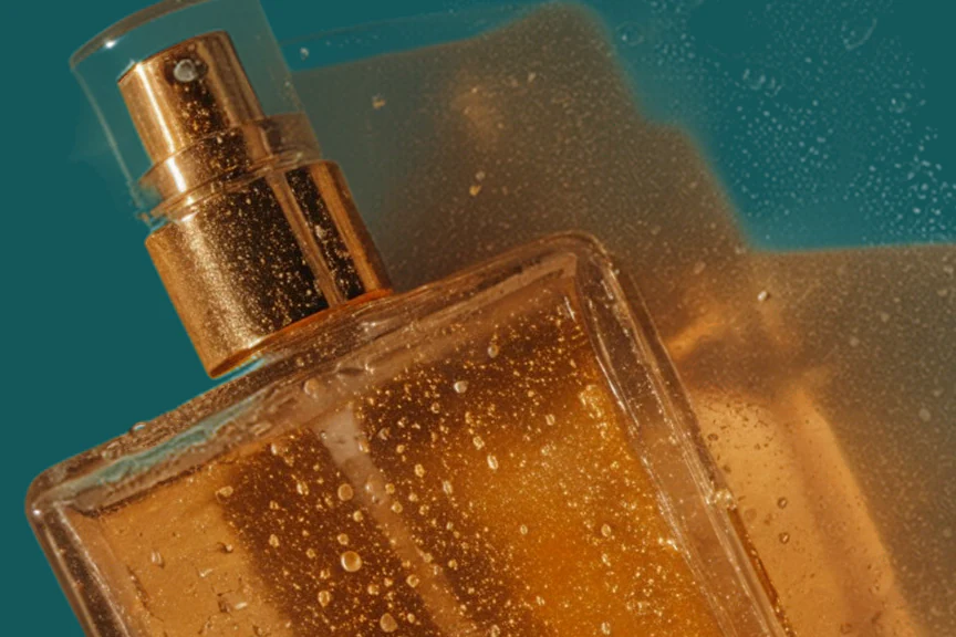 Close view of a perfume bottle cutout on a teal background, with the glass edge and droplets kept