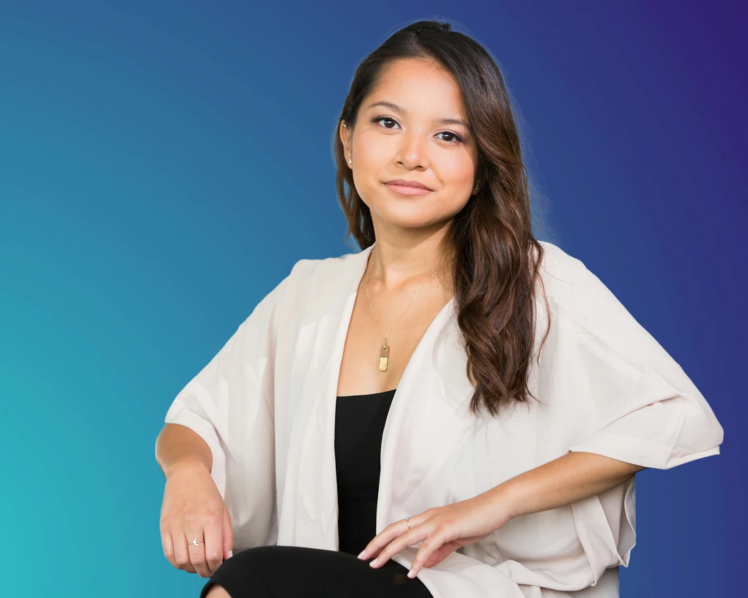 A smiling woman cut out and placed on a teal-to-indigo gradient backdrop for a speaker card