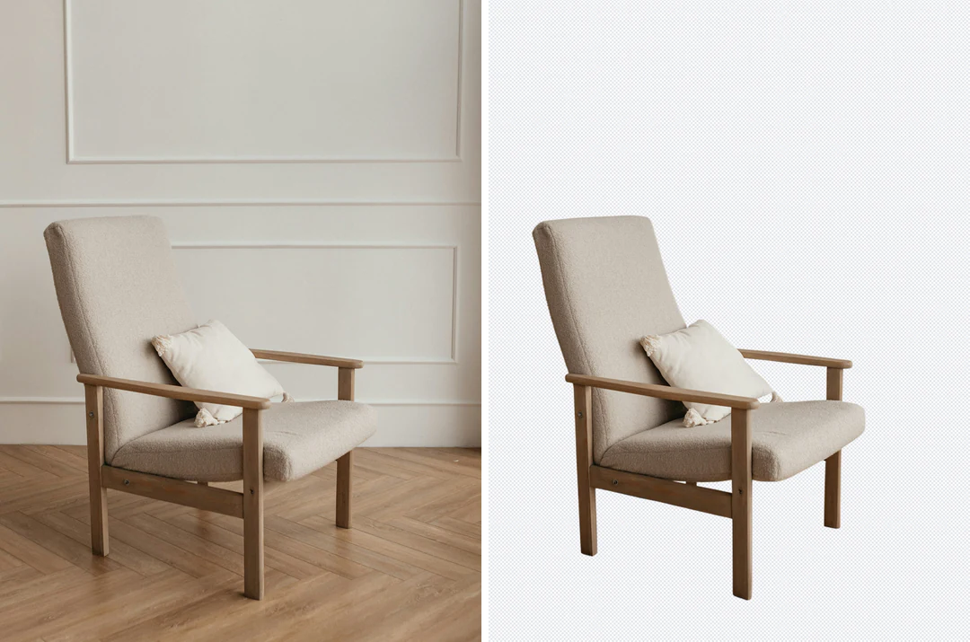 Chair photographed in a room beside the same chair cut out on a transparent background