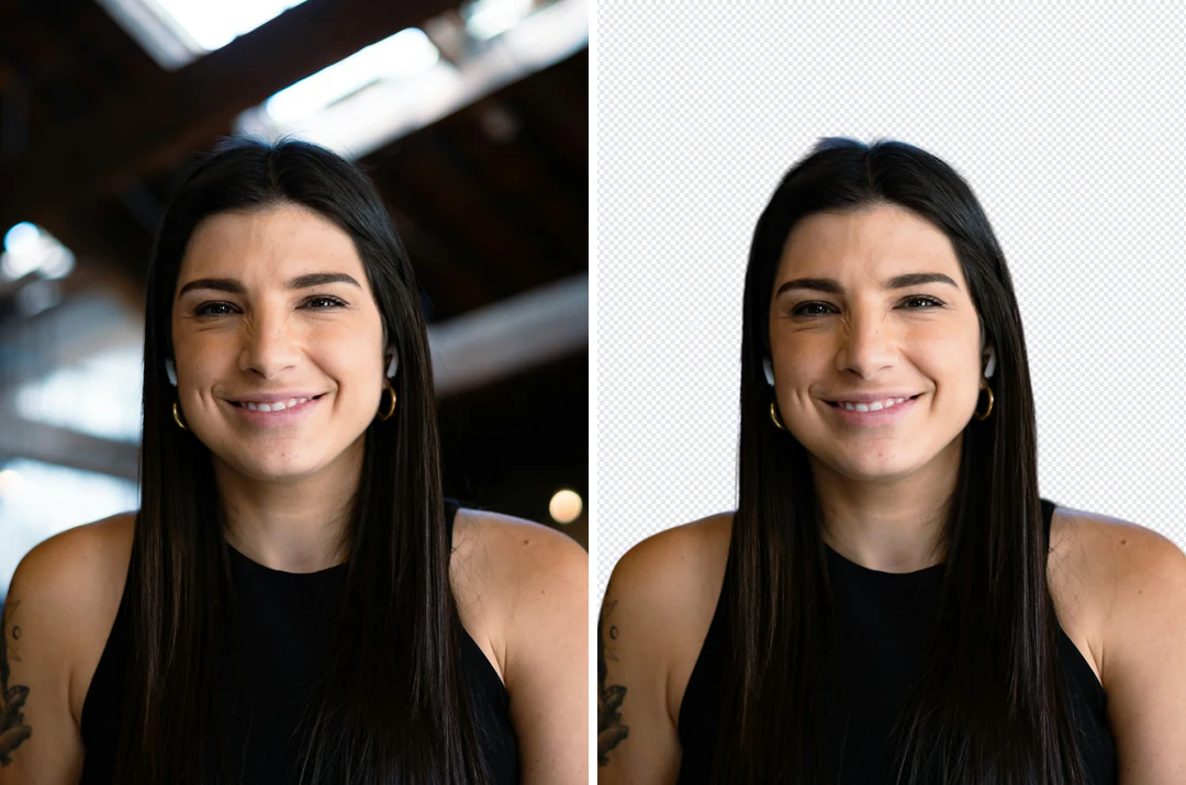 Head-and-shoulders portrait in an office beside the same portrait cut out on a transparent background, hair edges intact