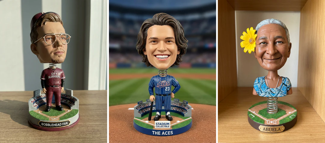 Tre baseball-bobbleheadfigurer af forskellige personer, hver med et stort hoved på en rund base, side om side