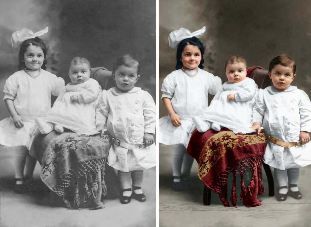 Zwart-witfoto van drie jonge kinderen naast de ingekleurde versie van dezelfde foto
