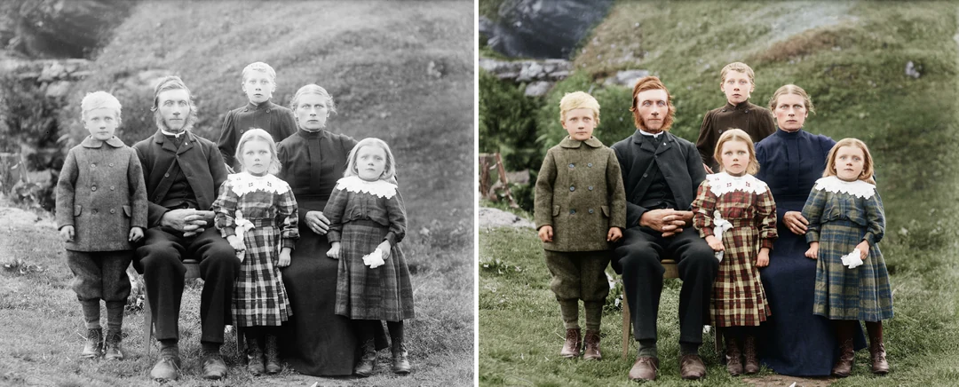 Zwart-wit familiefoto naast de ingekleurde versie