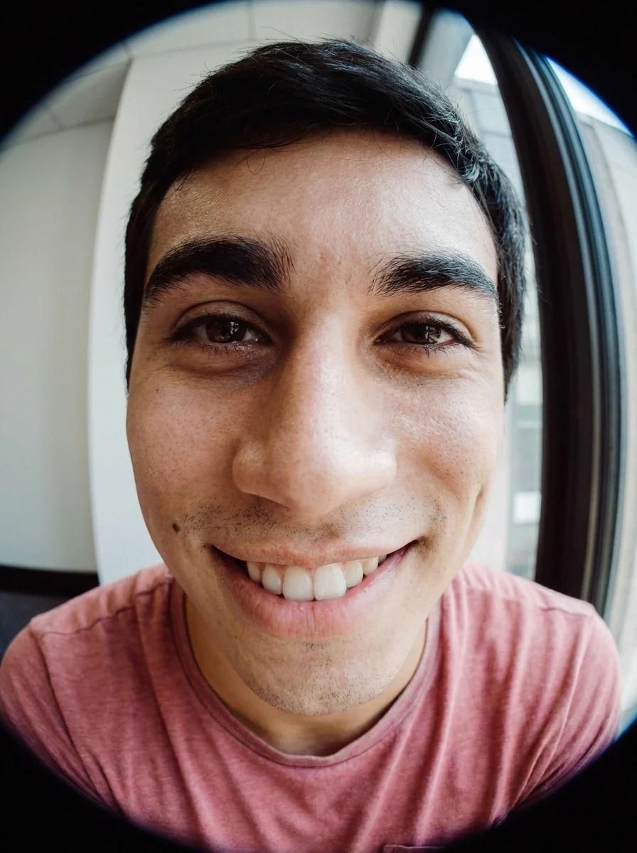 Fisheye portrait of a smiling man with curved frame edges and a large face filling the center