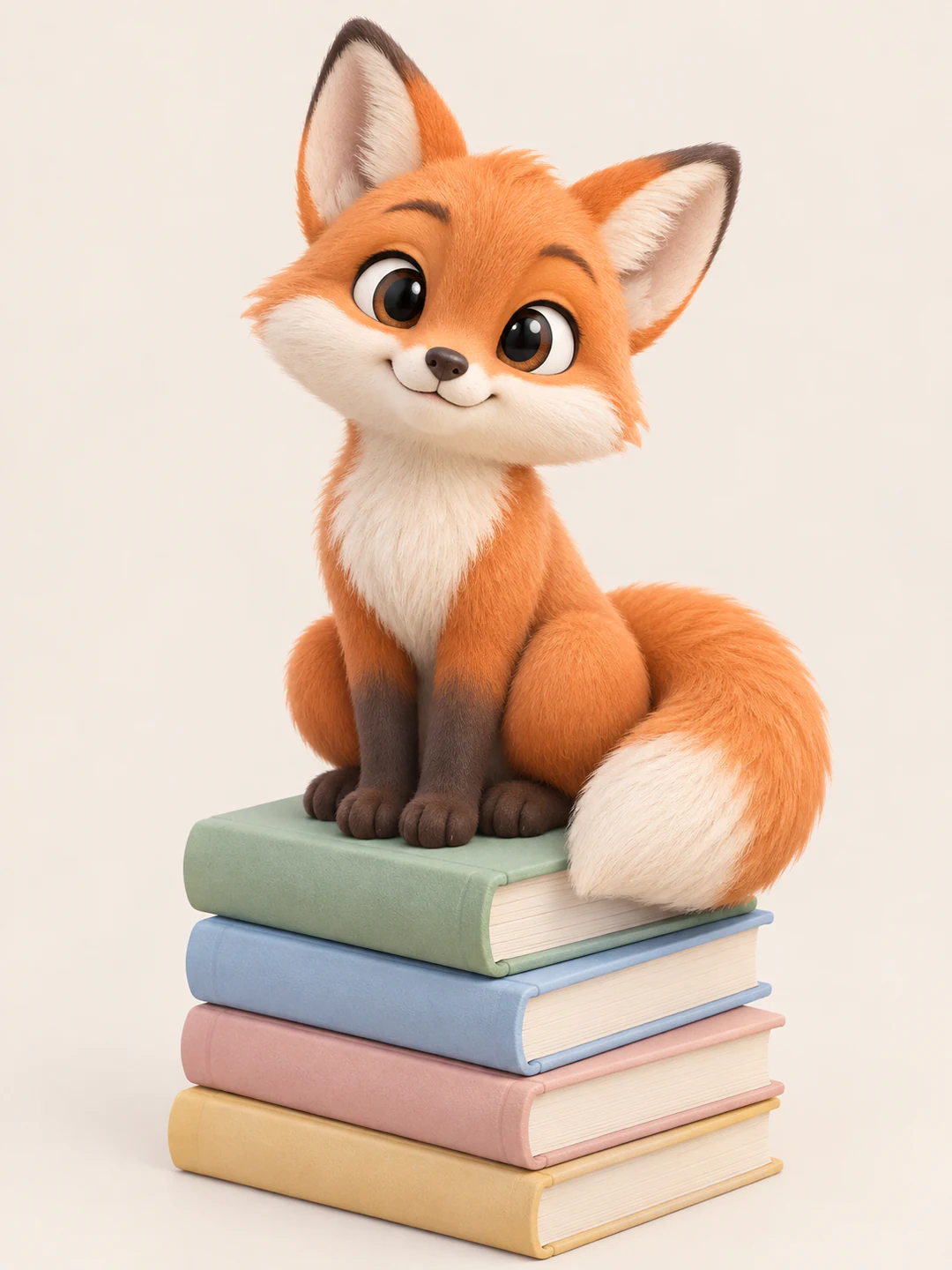 Fluffy cartoon fox sitting on a stack of pastel books, generated with GPT Image 2.5 Flare