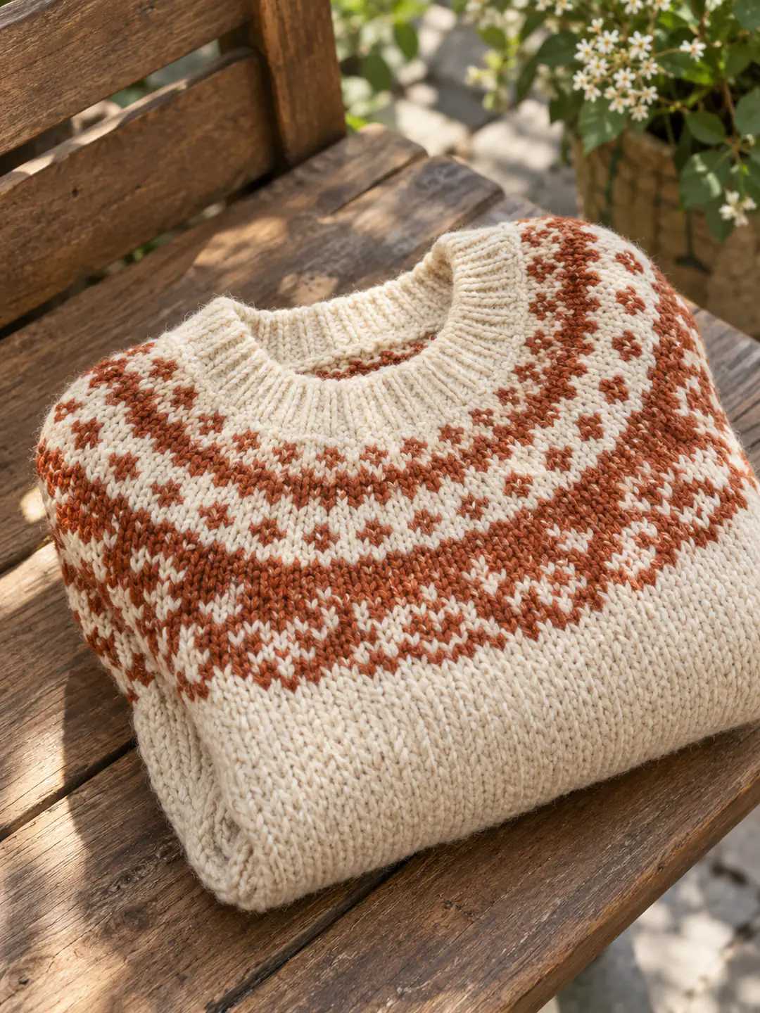 Cream knit sweater with a rust Fair Isle yoke folded on a wooden bench, generated with GPT Image 2.5 Sunburst