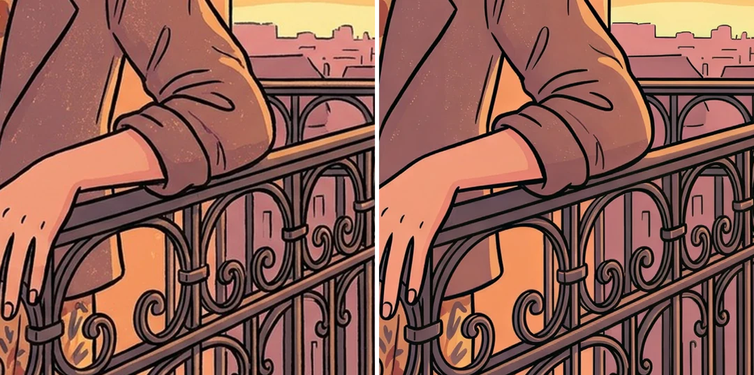 Illustration générée de 1 200 pixels à côté de sa version de 2 400 pixels, avec zoom sur des doigts et une rambarde