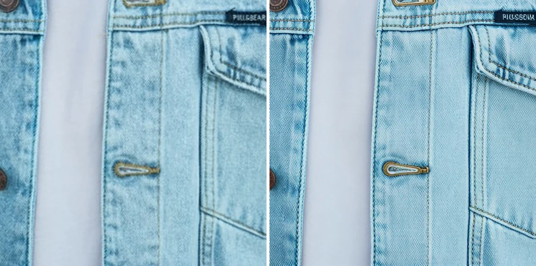 Photo produit de 800 pixels à côté de la même photo agrandie à 1 600 pixels, avec coutures et boutons en gros plan