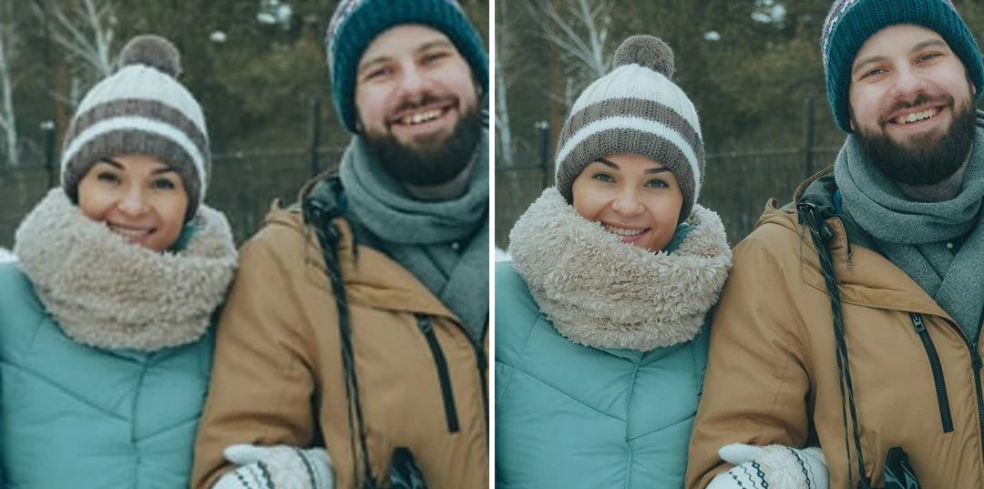 Petite photo de 600 pixels montrant quatre personnes avec des écharpes d’hiver à côté de la même photo agrandie à 2 400 pixels, visages en pleine taille