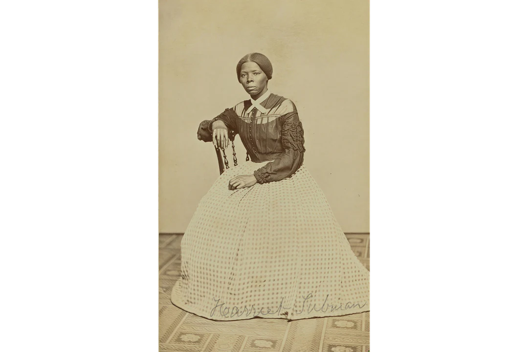 Ancien portrait de studio sépia d’une femme assise en longue robe à carreaux