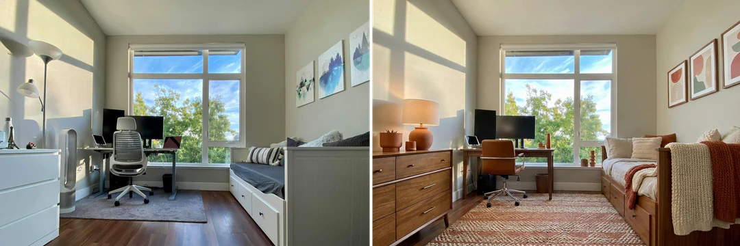Oprindeligt hjemmekontorfoto ved siden af et varmt moderne redesign af det samme rum