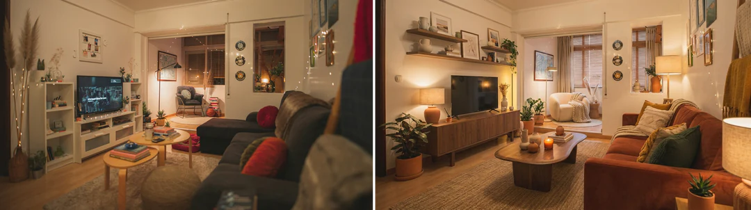 Overfyldt stuefoto ved siden af et varmt moderne redesign af det samme rum og vindueslayout
