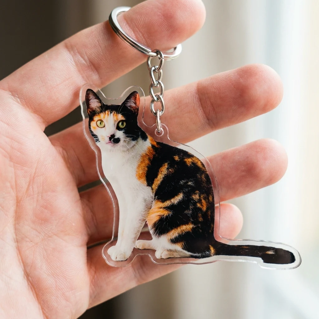 Acrylic keychain design of a calico cat that keeps its face, ears and markings
