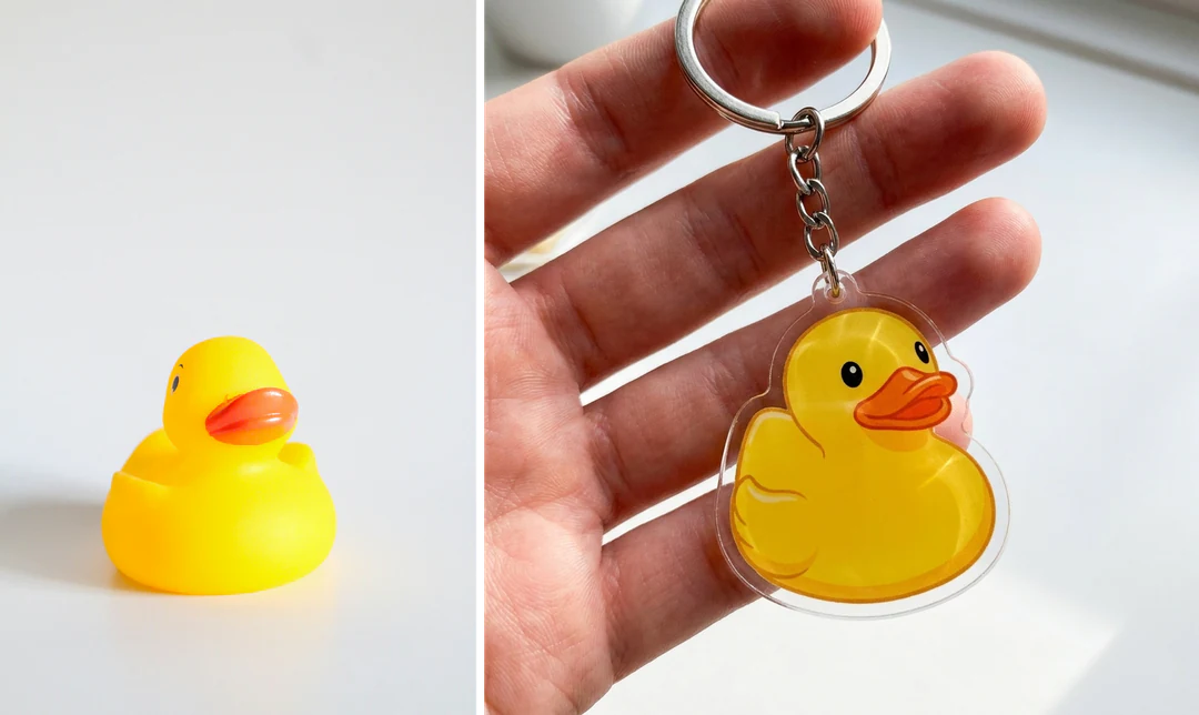 Photo of a yellow rubber duck beside the acrylic keychain design made from it