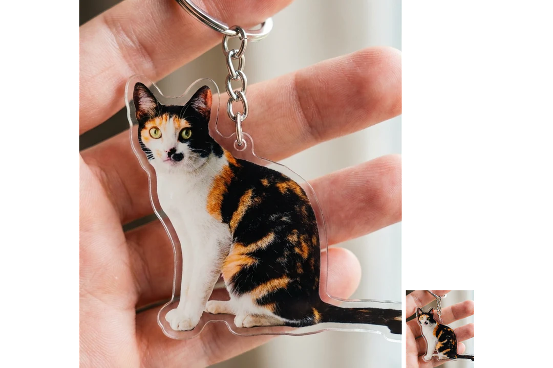 Keychain design of a calico cat shown full size and reduced to accessory size
