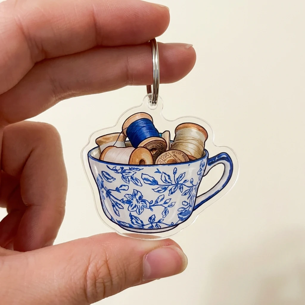 Acrylic keychain design based on a blue and white teacup, a favorite object as a gift idea