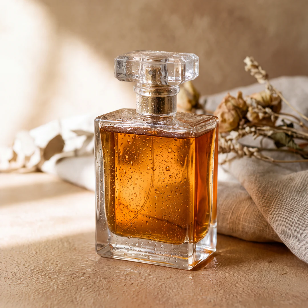 قارورة عطر زجاجية مستطيلة مملوءة بسائل عنبري ومغطاة بقطرات ماء
