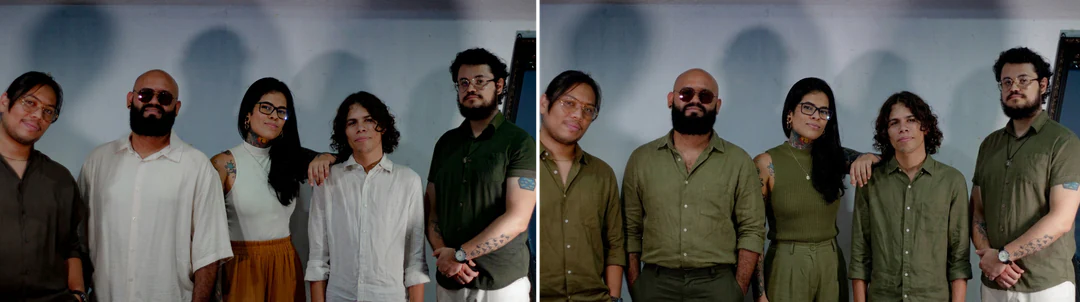 पाँच लोगों की ग्रुप फ़ोटो के पास फ़ोटो शूट विवरण के लिए समन्वित आउटफ़िट वर्शन