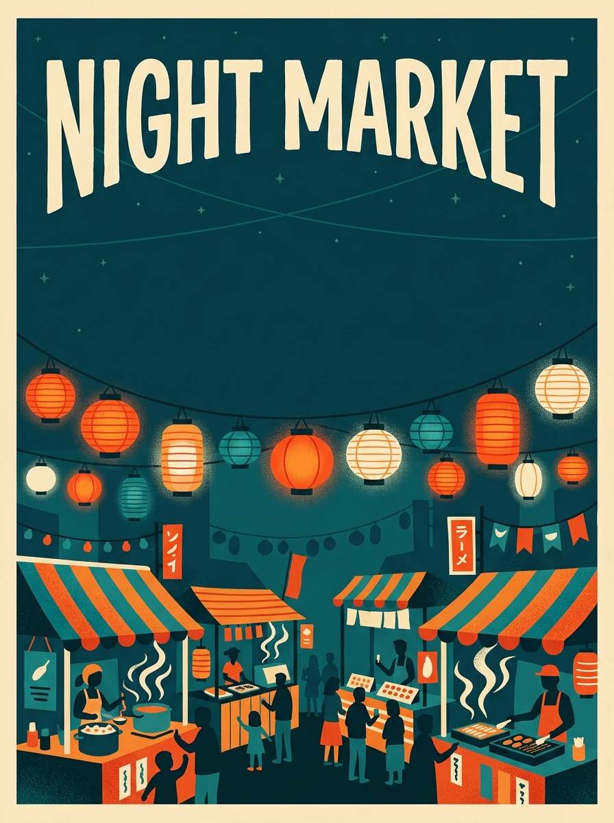 Retro night market poster with the headline NIGHT MARKET above lantern-lit food stalls, generated with Nano Banana 2.1