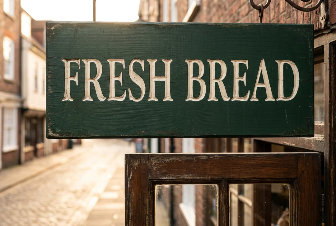 لافتة مخبز خشبية تحمل FRESH BREAD بحروف كريمية محفورة على طلاء أخضر داكن، مُنفَّذة بـ Nano Banana 2.1
