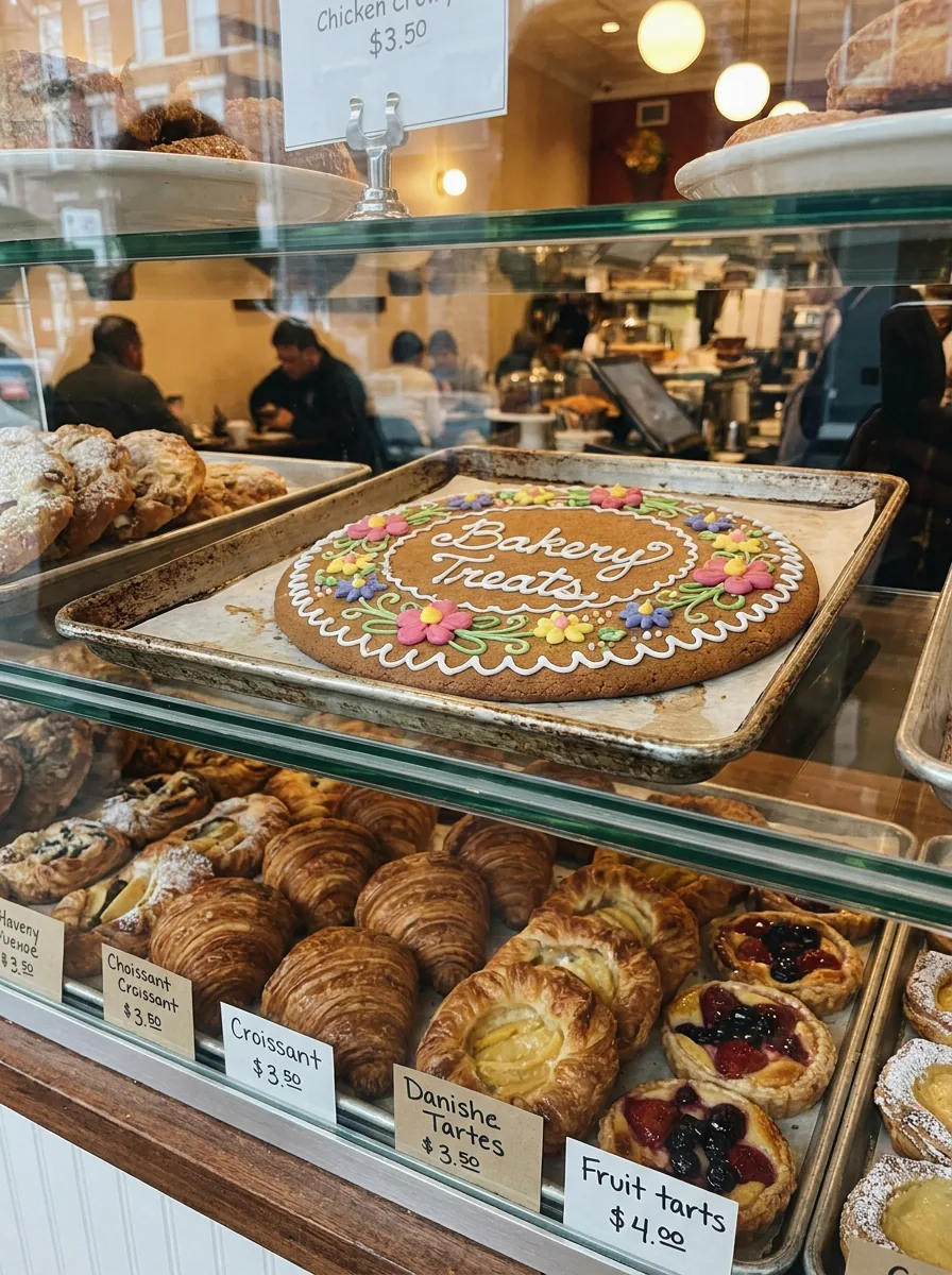 烘焙展示櫃內的托盤上，有寫著「Bakery Treats」的大糖霜餅乾，搭配可頌與小價牌。