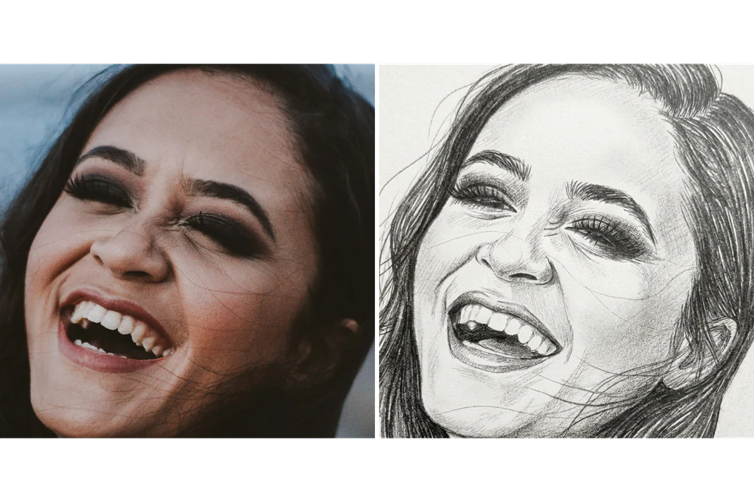یک عکس پرتره و اسکچ مدادی‌اش که در چشم‌ها، لبخند و فک مقایسه شده‌اند