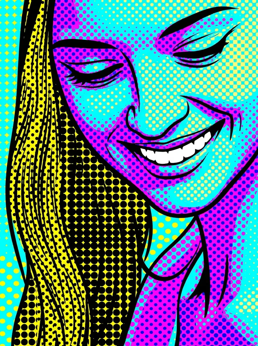 بورتريه بوب آرت لامرأة مبتسمة بنقاط نصفية وخطوط سوداء سميكة وألوان مسطحة مشبعة