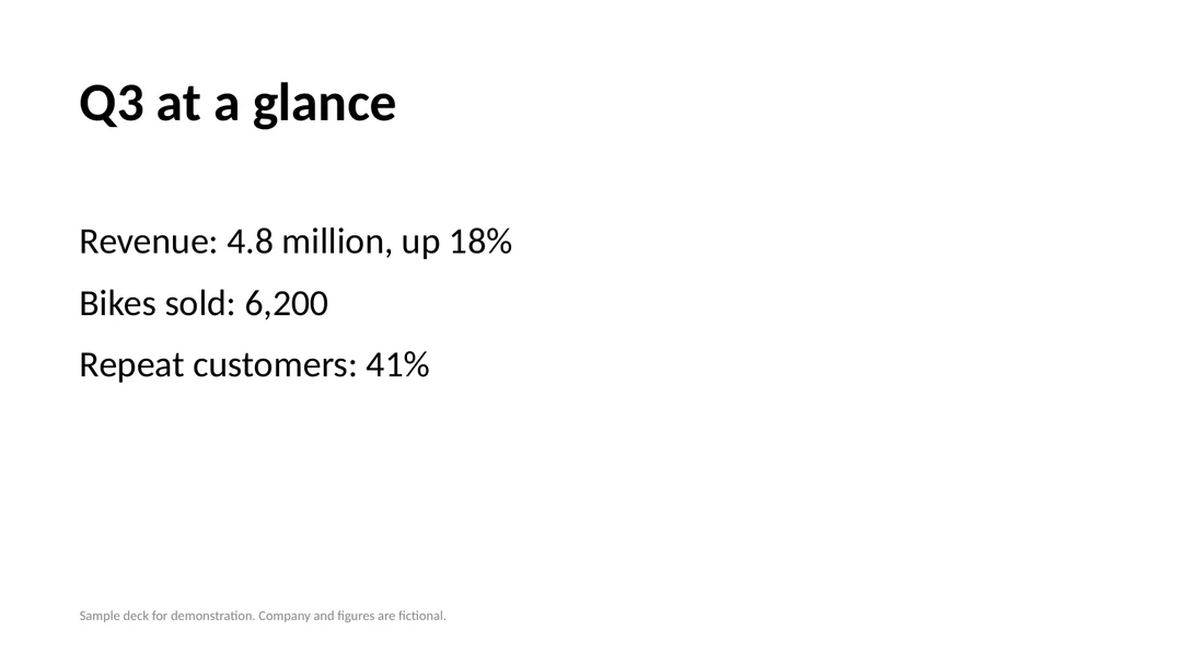 Slide 2 of a sample PowerPoint deck titled Q3 at a glance, listing revenue, bikes sold and repeat customers