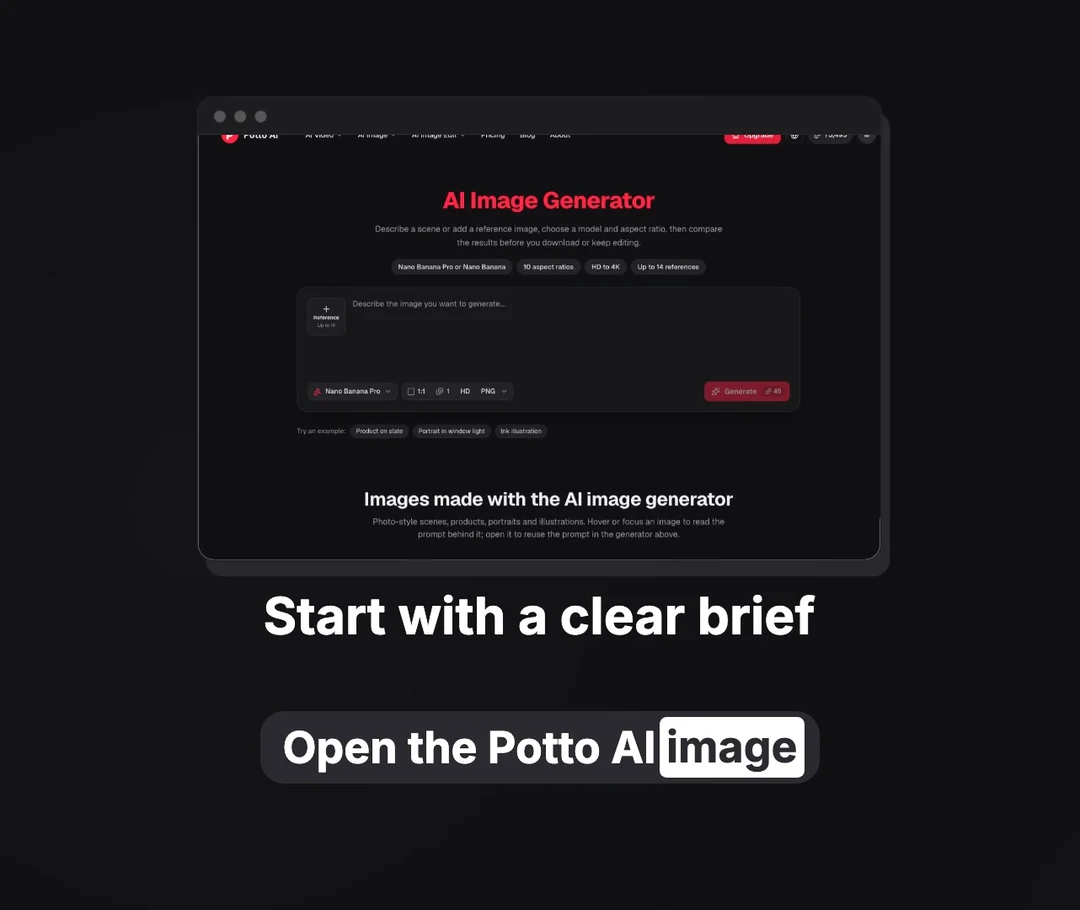 Ramme fra en produktdemovideo lavet med Potto, der viser et skærmbillede fra en AI image generator