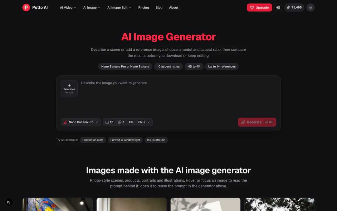 Screenshot of the Potto AI image generator page at 1440×900, uploaded with the page link