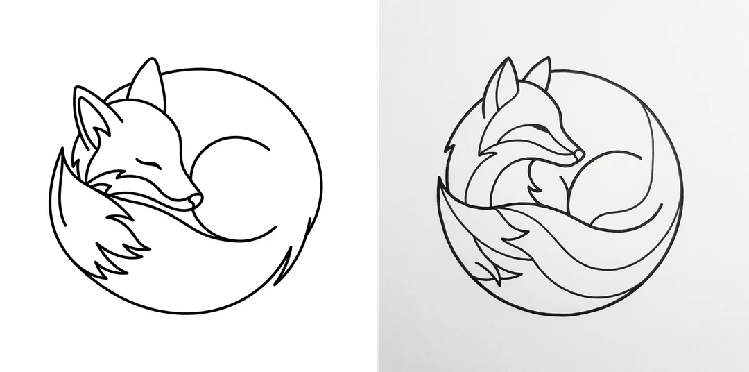 白底乾淨線條的 2 個刺青概念，描繪側面蜷縮的狐狸