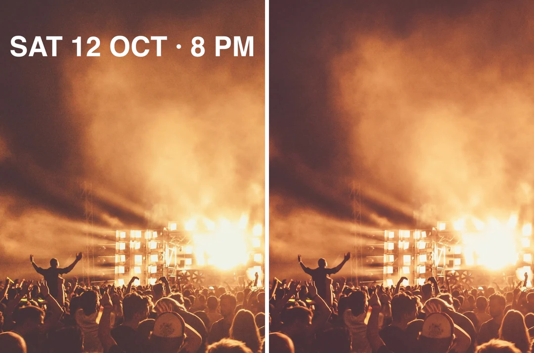 Event poster with a date line beside the same poster with the date removed and the background clean