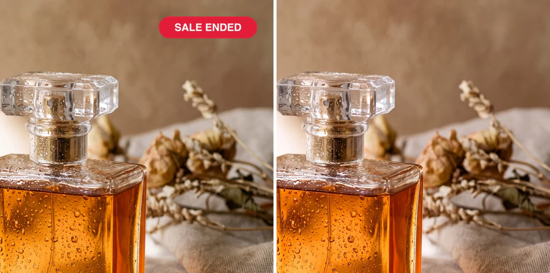 Perfume product image with an expired SALE ENDED badge beside the same image with the badge removed