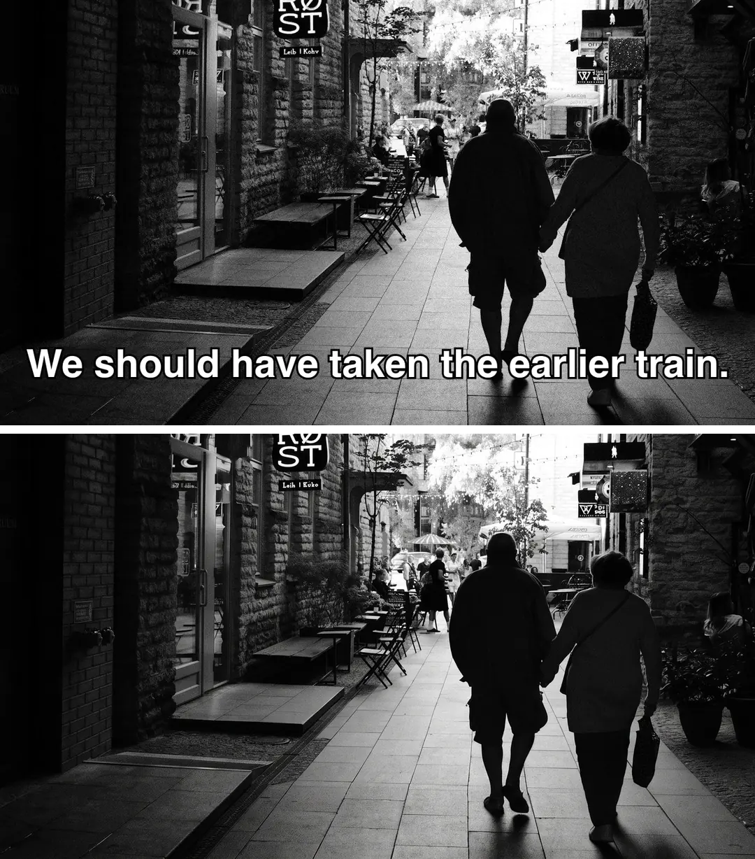 Video still with burned-in subtitles beside the same still with the subtitles removed