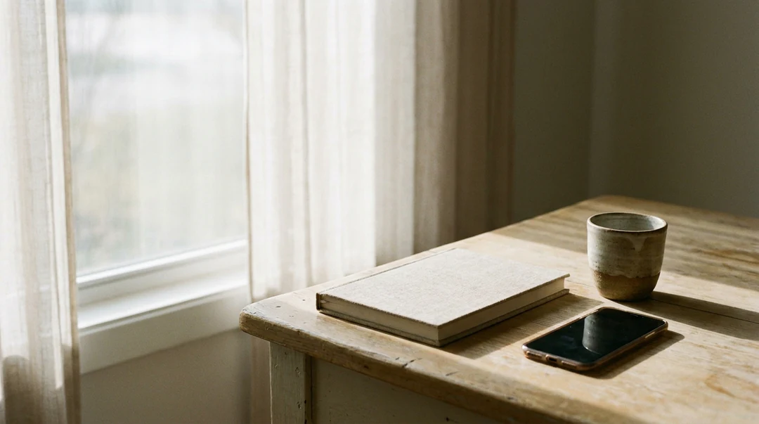 Closed notebook, ceramic cup and a face-down phone on a wooden table, lit from the left