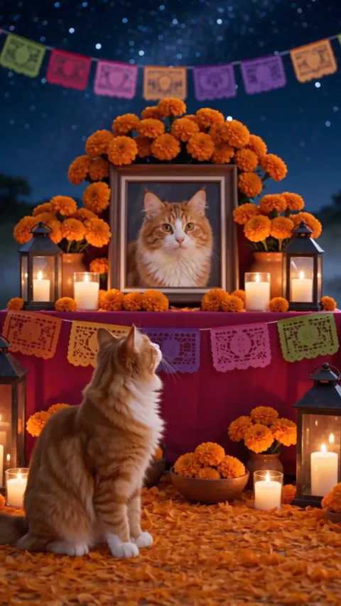 Dia de los Muertos for pets AI video sample: an orange cat crosses a glowing marigold bridge and stops at an ofrenda with its own portrait