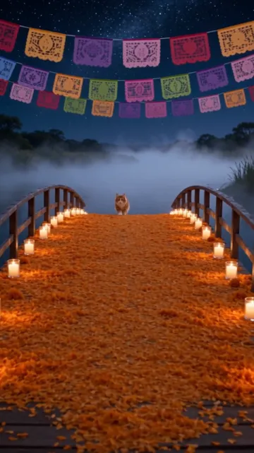 Shot 1 of the sample: a marigold bridge lights up over a misty river at night